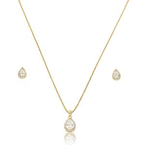 Conjunto de brinco e colar cravejado de zircônia cristal banho em ouro 18k