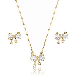 Conjunto de brinco e colar cravejado de zircônia cristal banho em ouro 18k