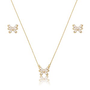 Conjunto de brinco e colar cravejado de zircônia cristal banho em ouro 18k