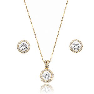 Conjunto de brinco e colar cravejado de zircônia cristal banho em ouro 18k