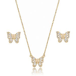 Conjunto de brinco e colar cravejado de zircônia cristal banho em ouro 18k