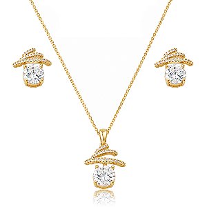 Conjunto de brinco e colar cravejado de zircônia cristal banho em ouro 18k