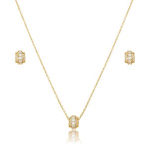 Conjunto de brinco e colar cravejado de zircônia cristal banho em ouro 18k