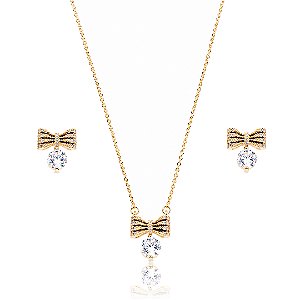 Conjunto de brinco e colar cravejado de zircônia cristal banho em ouro 18k
