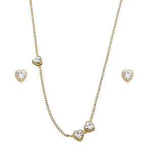 Conjunto de brinco e colar de coração cravejado de zircônia cristal banho em ouro 18k