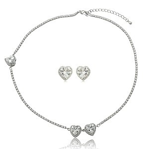 Conjunto de brinco e colar de coração cravejado de zircônia cristal banho em ródio branco