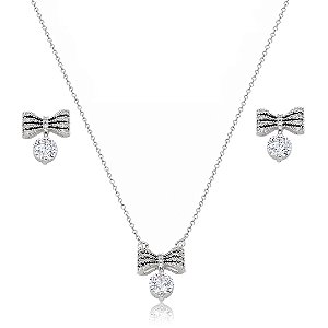 Conjunto de brinco e colar cravejado de zircônia cristal banho em ródio branco