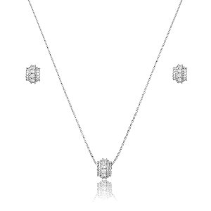Conjunto de brinco e colar cravejado de zircônia cristal banho em ródio branco