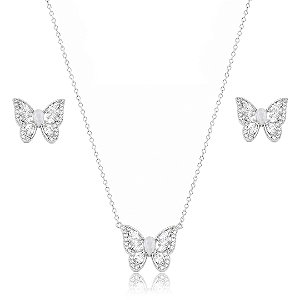 Conjunto de brinco e colar cravejado de zircônia cristal banho em ródio branco