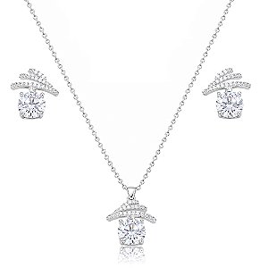 Conjunto de brinco e colar cravejado de zircônia cristal banho em ródio branco