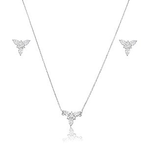 Conjunto de brinco e colar cravejado de zircônia cristal banho em ródio branco