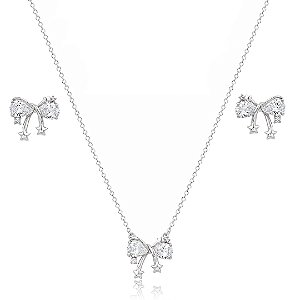 Conjunto de brinco e colar cravejado de zircônia cristal banho em ródio branco