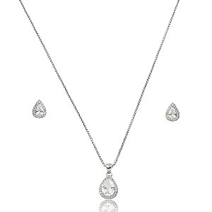 Conjunto de brinco e colar cravejado de zircônia cristal banho em ródio branco
