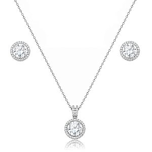 Conjunto de brinco e colar cravejado de zircônia cristal banho em ródio branco