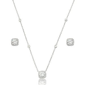 Conjunto de brinco e colar cravejado de zircônia cristal banho em ródio branco