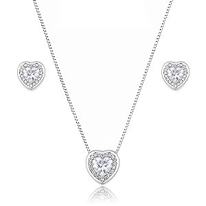 Conjunto de brinco e colar cravejado de zircônia cristal banho em ródio branco