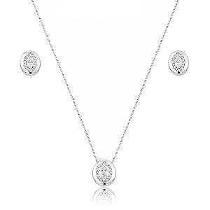Conjunto de brinco e colar cravejado de zircônia cristal banho em ródio branco