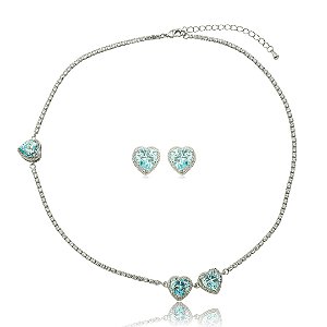 Conjunto de brinco e colar cravejado de zircônia cristal banho em ródio branco