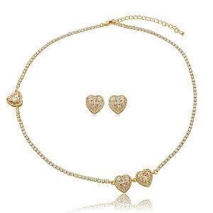 Conjunto de brinco e colar cravejado de zircônia cristal banho em ouro 18k