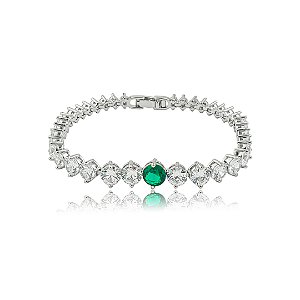 Pulseira cravejada de zircônia cristal com detalhe esmeralda banho em ródio branco