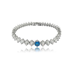 Pulseira cravejada de zircônia cristal com detalhe safira banho em ródio branco
