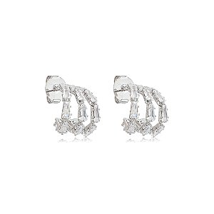Brinco de argola cravejado de zircônia cristal banho em ródio branco