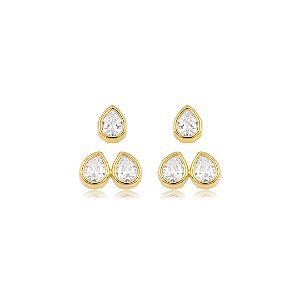 Brinco de dupla cravejado de zircônia cristal banho em ouro 18k