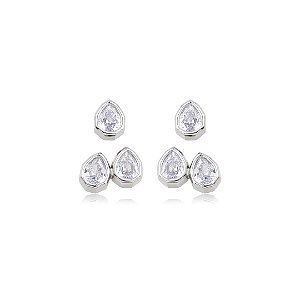 Brinco de dupla cravejado de zircônia cristal banho em ródio branco