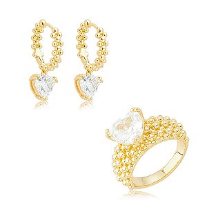 Conjunto de brinco e anel cravejado de zircônia cristal banho em ouro 18k