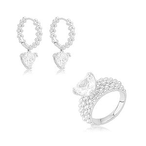 Conjunto de brinco e anel cravejado de zircônia cristal banho em ródio branco