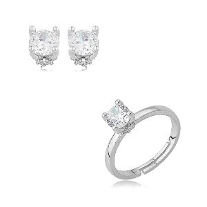 Conjunto de brinco e anel cravejado de zircônia cristal banho em ródio branco