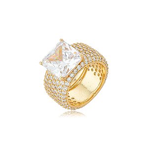 Anel dourado cravejado de zircônia cristal banho em Ouro 18k