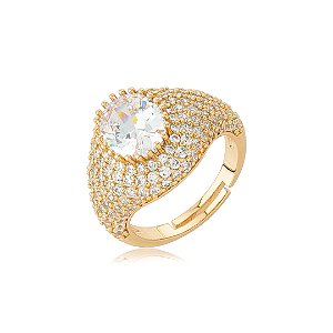 Anel regulável cravejado de zircônia cristal banho em ouro 18k