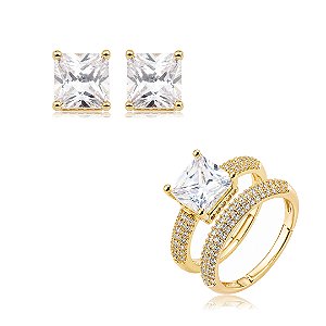 Conjunto de brinco e anel cravejado de zircônia cristal banho em ouro 18k