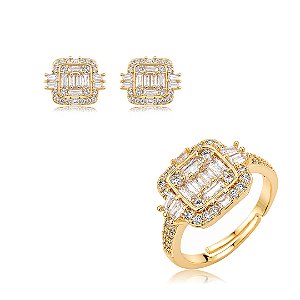 Conjunto de brinco e anel cravejado de zircônia cristal banho em ouro 18k