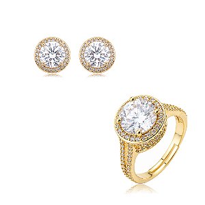 Conjunto de brinco e anel cravejado de zircônia cristal banho em ouro 18k