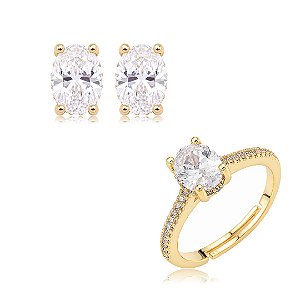 Conjunto de brinco e anel cravejado de zircônia cristal banho em ouro 18k