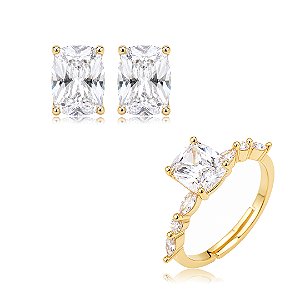 Conjunto de brinco e anel cravejado de zircônia cristal banho em ouro 18k