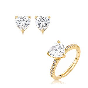 Conjunto de brinco e anel de coração cravejado de zircônia cristal banho em ouro 18k