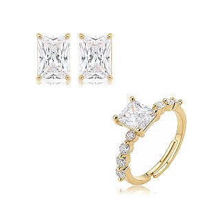 Conjunto de brinco e anel cravejado de zircônia cristal banho em ouro 18k
