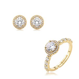 Conjunto de brinco e anel cravejado de zircônia cristal banho em ouro 18k