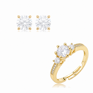 Conjunto de brinco e anel cravejado de zircônia cristal banho em ouro 18k
