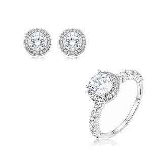 Conjunto de brinco e anel cravejado de zircônia cristal banho em ródio branco