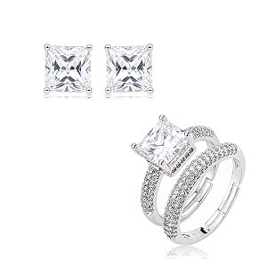 Conjunto de brinco e anel cravejado de zircônia cristal banho em ródio branco