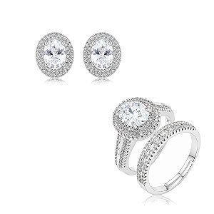 Conjunto de brinco e anel cravejado de zircônia cristal banho em ródio branco