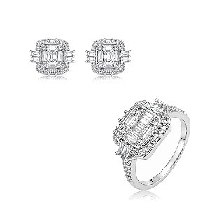 Conjunto de brinco e anel cravejado de zircônia cristal banho em ródio branco