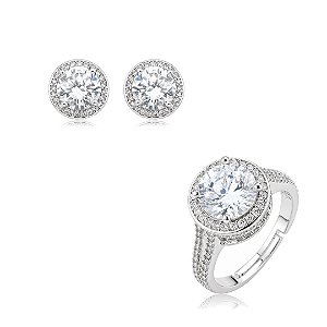 DUPLICADO - Conjunto de brinco e anel cravejado de zircônia cristal banho em ródio branco