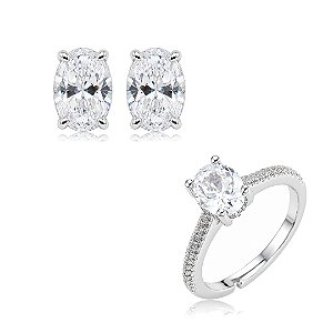 Conjunto de brinco e anel cravejado de zircônia cristal banho em ródio branco
