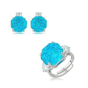 Conjunto de brinco e anel regulável com zircônia sky blue banho em ródio branco