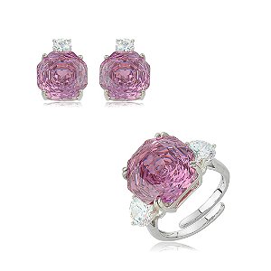 Conjunto de brinco e anel regulável com zircônia rosa claro banho em ródio branco